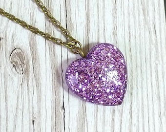 Sparkly lilac glitter heart pendant, dainty resin necklace for women, bright gift for colour lover,