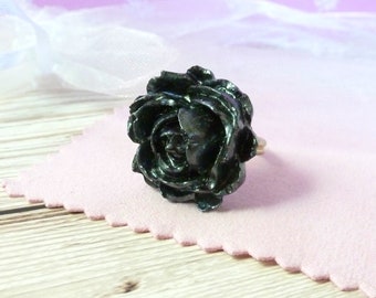 Rose ring, silver dark grey flower ring, nature inspired jewelry gift for woman, handmade cast rose on adjustable band, love token for her