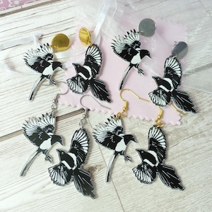Magpie earrings, two for joy, two magpies mismatched earrings, gift for corvid lovers, monochrome magpie, large earrings for nature lovers