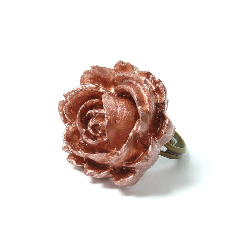 Rose gold rose ring, resin flower ring, dainty and adjustable band, nature inspired jewellery gift for women, romantic gift for her. image 1