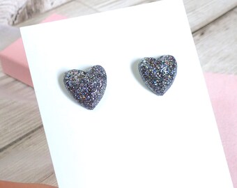 Silver heart studs, small sparkly holographic heart shaped earring gift for woman, dainty studs for everyday wear, silver glitter earrings