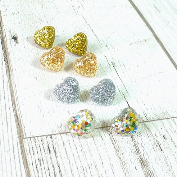 Glitter Heart Resin Earrings Uk Steel Hypoallergenic Studs Etsy