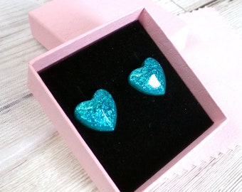 Turquoise glitter heart studs, small sparkly resin heart bright turquoise glitter earrings, dainty studs for everyday wear, gift for her