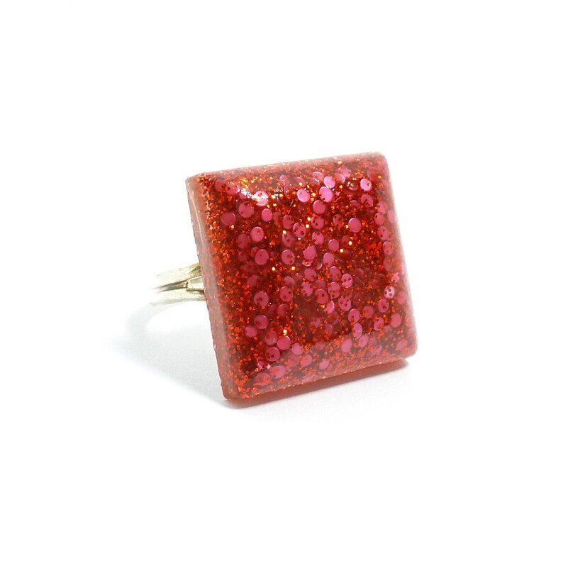 Red resin ring, square glitter ring for women, adjustable band, colourful trendy jewellery gift for her, fashion costume cocktail rings uk, Silver