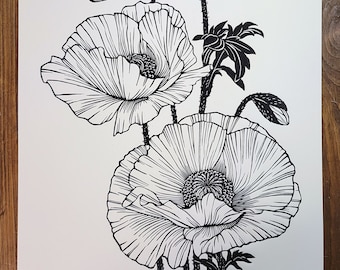 Poppies lino print on paper, Relief print, Hand Printed, Signed, 22 by 15 inches, contemporary wall art, small edition