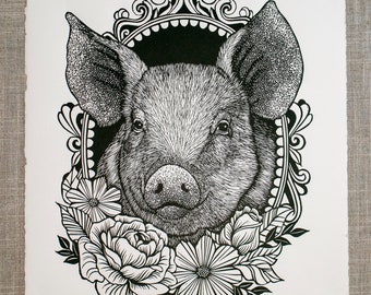 Piggy, Original Linocut on Paper, Relief print, Hand Printed, Signed, 11 x 14.75 inches, contemporary wall art,