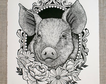 Piggy, Original Linocut on Paper, Relief print, Hand Printed, Signed, 11 x 14.75 inches, contemporary wall art,