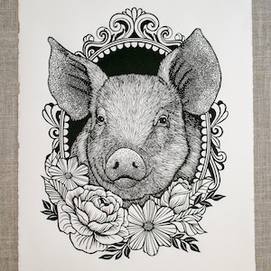 Cochon, linogravure originale sur papier, impression en relief, imprimé à la main, signé, 27 x 35 cm, art mural contemporain, Noir