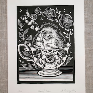 Cup of love lino print, Relief print, Hand Printed, Signed, 7.5 x 10 inches 19x25 cm, contemporary wall art, image 6