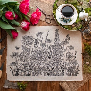 Sommer Garten, Original Linoldruck, Wand-Dekor, Wandkunst, Blumen,