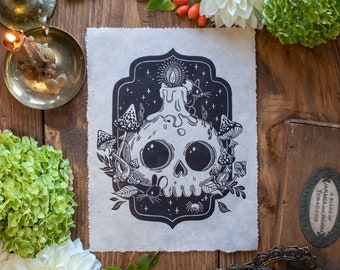 Calavera de Halloween, impresión en linóleo original, decoración de pared, arte de pared, ilustración, linograbado,