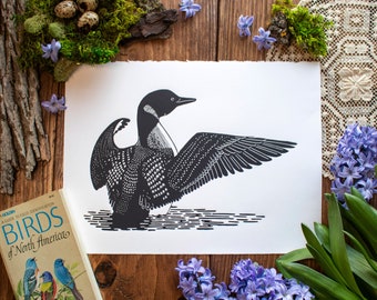 Loon, Lino print on Paper, Original Limited Edition, Hand Printed, Signed, 11 x 15 inches, contemporary wall art, wall hanging