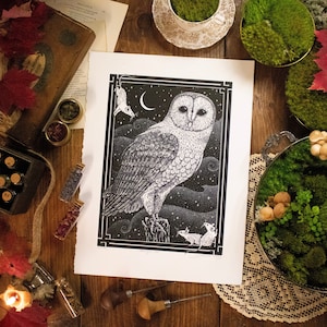 Mitternachts-Schleiereule Linoldruck, Handgedruckte Naturkunst, limitierte Auflage (15x11)