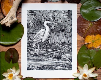 Heron lino print, Relief print, Hand Printed, Signed, 15 x 11 inches, nature art, wall art,