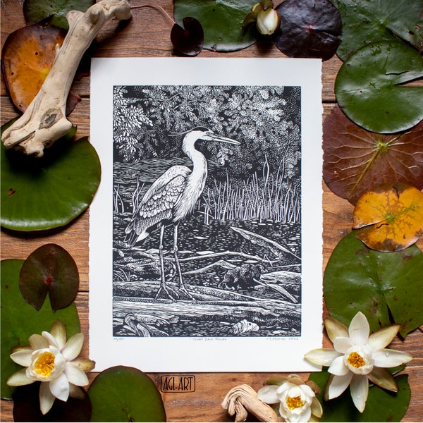 Heron lino print, Relief print, Hand Printed, Signed, 15 x 11 inches, nature art, wall art,