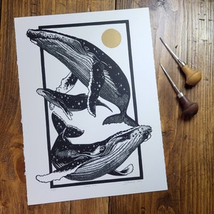 Humpbacks Lino Print on Paper, Original, Limited Edition, Hand Printed, Signed, 11 x 15 inches, contemporary wall art,