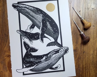 Humpbacks Lino Print on Paper, Original, Limited Edition, Hand Printed, Signed, 11 x 15 inches, contemporary wall art,
