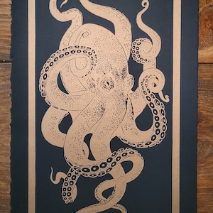 Octopus lino print, Limited Edition, Hand Printed, Signed, 11 x 18 inches, contemporary wall art,