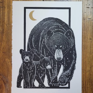 Linoryt Mama Bear, oryginał, edycja limitowana, druk ręczny, podpisany, 11 x 15 cali, współczesna sztuka ścienna,