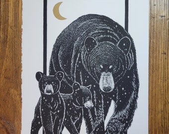 Mama Bear lino print, Original, Limited Edition, Hand Printed, Signed, 11 x 15 inches, contemporary wall art,