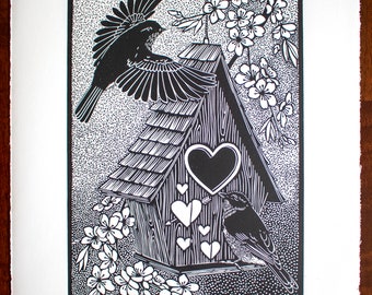 Love Birds, Original Linocut on Paper, Relief print, Hand Printed, Signed, 11 x 14.75 inches, contemporary wall art,