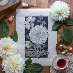 Dahlias, original lino print, wall decor, wall art, floral,