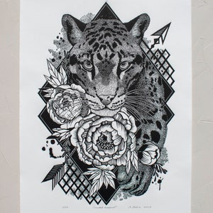 Clouded leopard, Original Linocut on Paper, Relief print, Hand Printed, Signed, 22 by 15  inches, contemporary wall art,
