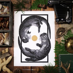 Otter Space Lino Print: Limited Edition Hand-Printed Wall Art (11x15 inches)