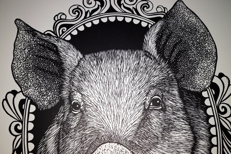 Cochon, linogravure originale sur papier, impression en relief, imprimé à la main, signé, 27 x 35 cm, art mural contemporain, image 5