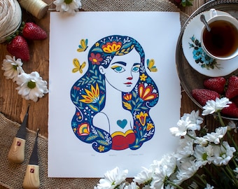 Beatrix lino print, Folklore art, Original Reduction Linocut, Limited edition, Relief print, Hand Printed, Signed, wall art,