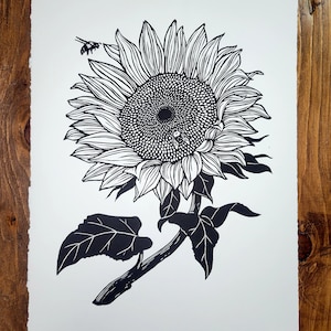 Sunflower Linoleum Print,  Relief print, Hand Printed, Signed, 10 x 14.75 inches, contemporary wall art,