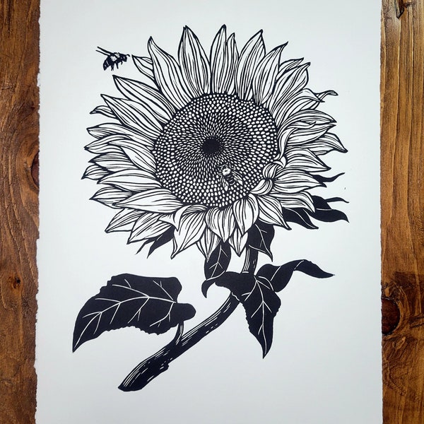 Sunflower Linoleum Print,  Relief print, Hand Printed, Signed, 10 x 14.75 inches, contemporary wall art,