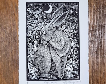 Moon Hare Lino Print, Original Relief Print, 5x7 Illustration