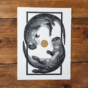 Otter Space Lino Print on Paper, Original, Limited Edition, Hand Printed, Signed, 11 x 15 inches, contemporary wall art,