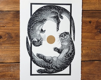 Otter Space Lino Print on Paper, Original, Limited Edition, Hand Printed, Signed, 11 x 15 inches, contemporary wall art,