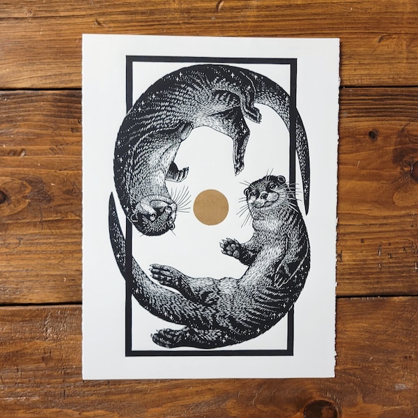 Otter Space Lino Print on Paper, Original, Edición Limitada, Impreso a mano, Firmado, 11 x 15 pulgadas, arte de pared contemporáneo,