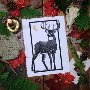 Impresión en linóleo de "Stag Spirit": Arte mural impreso a mano de edición limitada (28 x 38 cm)