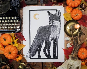 Fox Spirit Linocut Print: Hand-Printed Limited Edition Wall Art