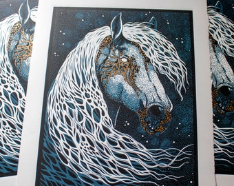 Cheval au clair de lune, linogravure en réduction originale sur papier, impression en relief, imprimé à la main, signé, 28 x 37 cm (11 x 14,5 pouces), art mural contemporain