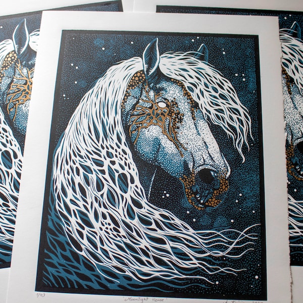 Moonlight Horse, Original Reduction Linocut on Paper, Relief print, Hand Printed, Signed, 11 x 14.5 inches (28x37 cm), contemporary wall art