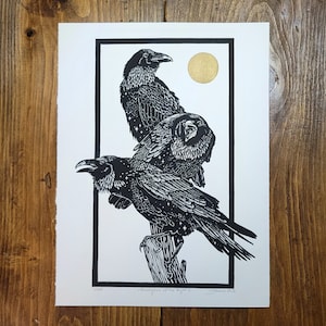 Ravens No 2, Impresión Lino sobre papel, Original, Edición limitada, Impreso a mano, Firmado, 11 x 15 pulgadas, arte de pared contemporáneo, arte de brujas,