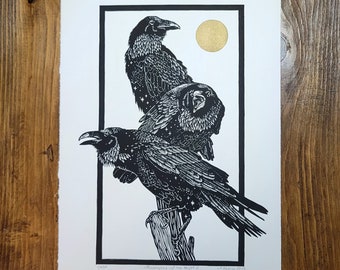 Ravens No 2, Lino print on Paper, Original, Limited Edition, Hand Printed, Signed, 11 x 15 inches, contemporary wall art, witch art,