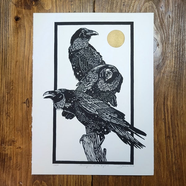 Ravens No 2, Lino print on Paper, Original, Limited Edition, Hand Printed, Signed, 11 x 15 inches, contemporary wall art, witch art,