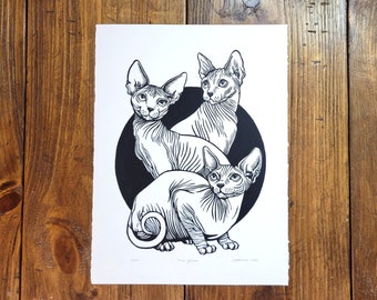 Three Graces lino print, Relief print, Hand Printed, Signed, 14.75 x 11 inches, sphynx cat, cat, wall art,