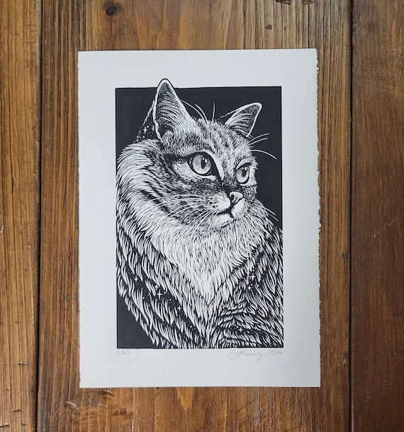 手刷りの猫の肖像画リノ版画、現代壁アート（7x10インチ） - Etsy 日本