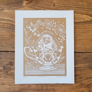 Cup of love lino print, Relief print, Hand Printed, Signed, 7.5 x 10 inches 19x25 cm, contemporary wall art, Gold