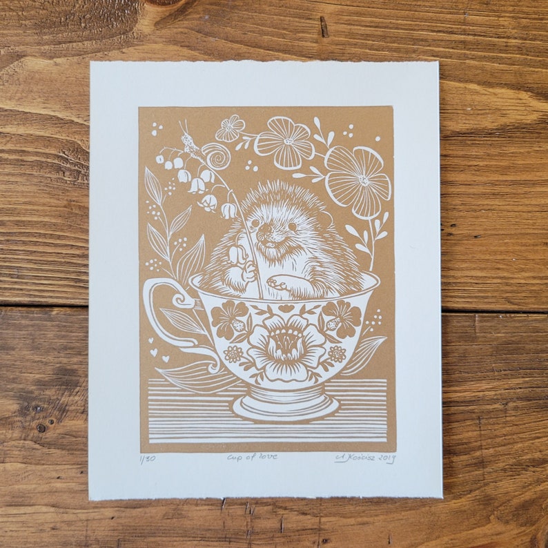 Cup of love lino print, Relief print, Hand Printed, Signed, 7.5 x 10 inches 19x25 cm, contemporary wall art, Gold