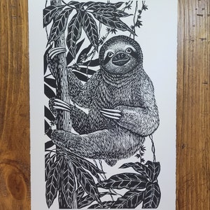 Sloth, Lino print on Paper, Original, Hand Printed, Signed, 10 x 17 inches, contemporary wall art,