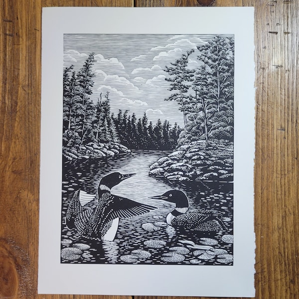 Loons on the Lake lino print, Original, Limited Edition, Hand Printed, Signed, 11 x 15 inches, contemporary wall art,