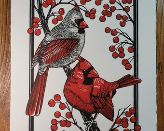 Northern Cardinals Lino Print: Hand-Printed Relief Art (11” x 14”)